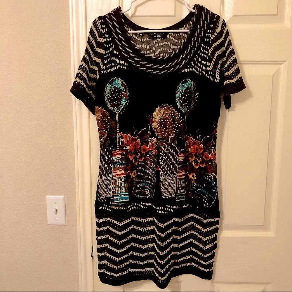 P. Luca Milano Brown Knit  Sweater Dress Embellished